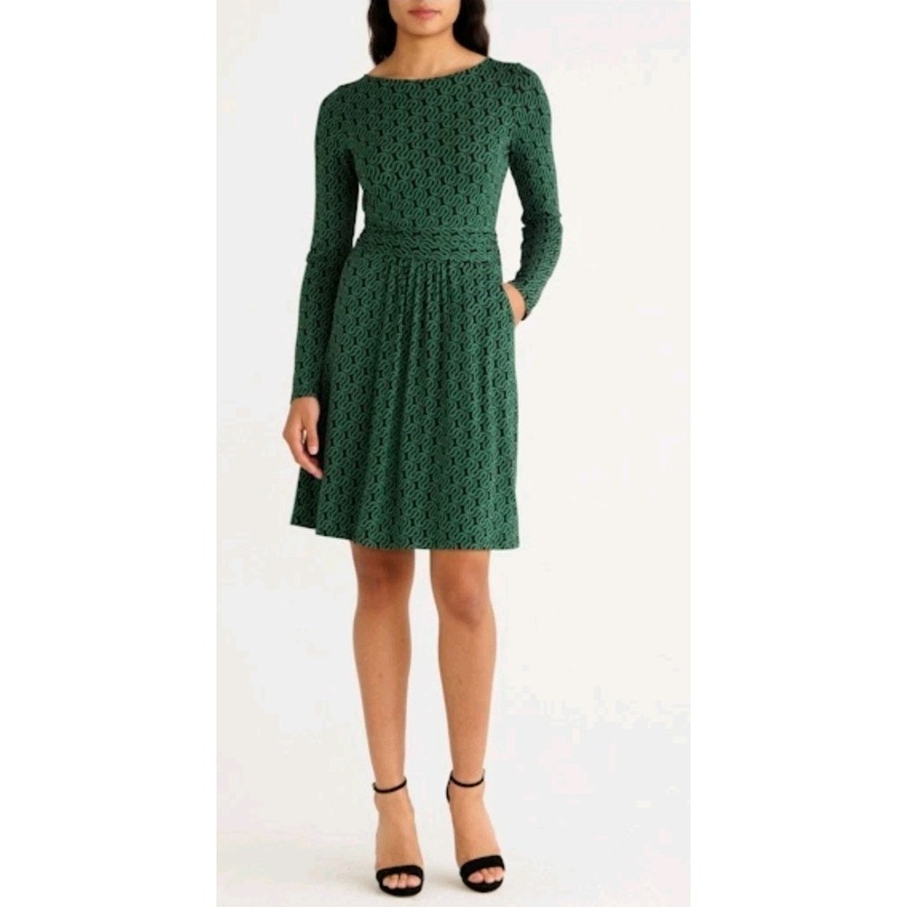 Boden Abigail Long Sleeve Jersey Geometric Ribbon Wave Midi Dress 8 R Green New
